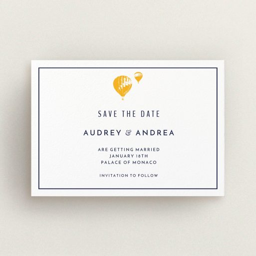 A wedding save the date template titled "Off and away". It is an A6 save the date in a landscape orientation. "Off and away" is available as a flat save the date, with tones of white and orange.