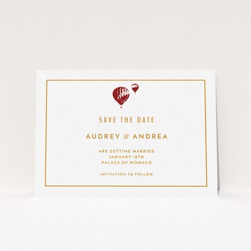 A wedding save the date template titled "Off and away". It is an A6 save the date in a landscape orientation. "Off and away" is available as a flat save the date, with tones of white and orange.
