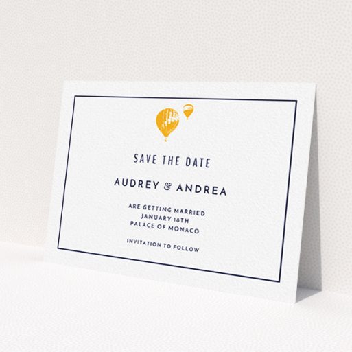 A wedding save the date template titled 'Off and away'. It is an A6 save the date in a landscape orientation. 'Off and away' is available as a flat save the date, with tones of white and orange.