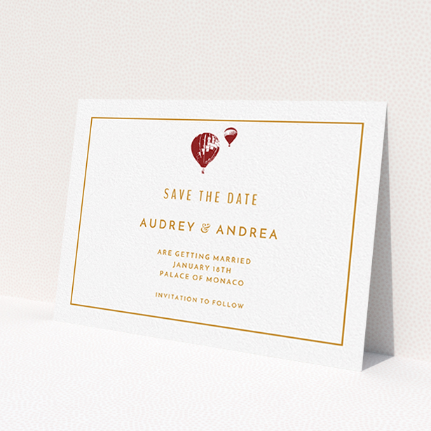 A wedding save the date template titled 'Off and away'. It is an A6 save the date in a landscape orientation. 'Off and away' is available as a flat save the date, with tones of white and orange.