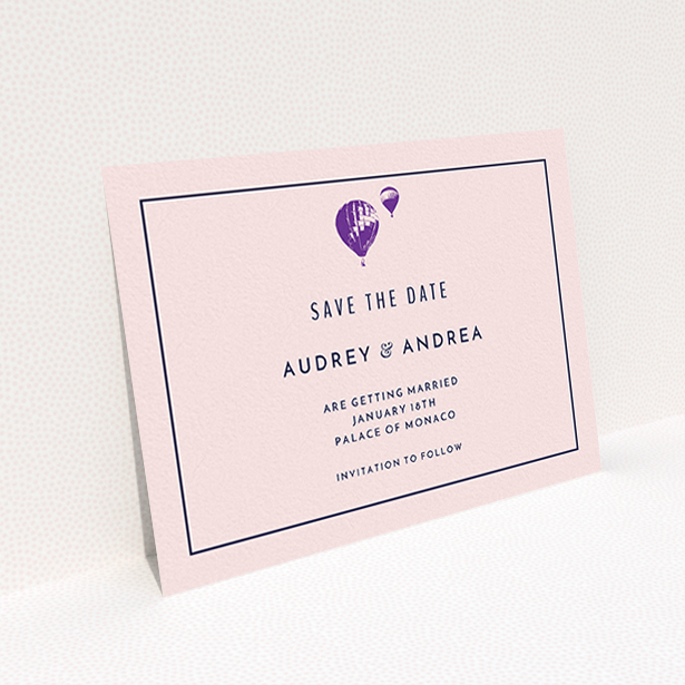 A wedding save the date called "Off and away". It is an A6 save the date in a landscape orientation. "Off and away" is available as a flat save the date, with tones of pink, purple and midnight blue.