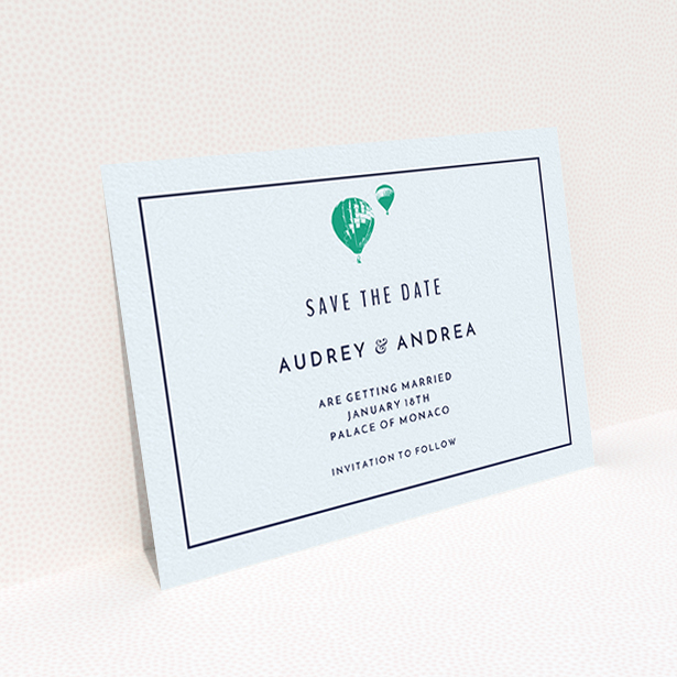 A wedding save the date template titled "Off and away". It is an A6 save the date in a landscape orientation. "Off and away" is available as a flat save the date, with mainly white colouring.