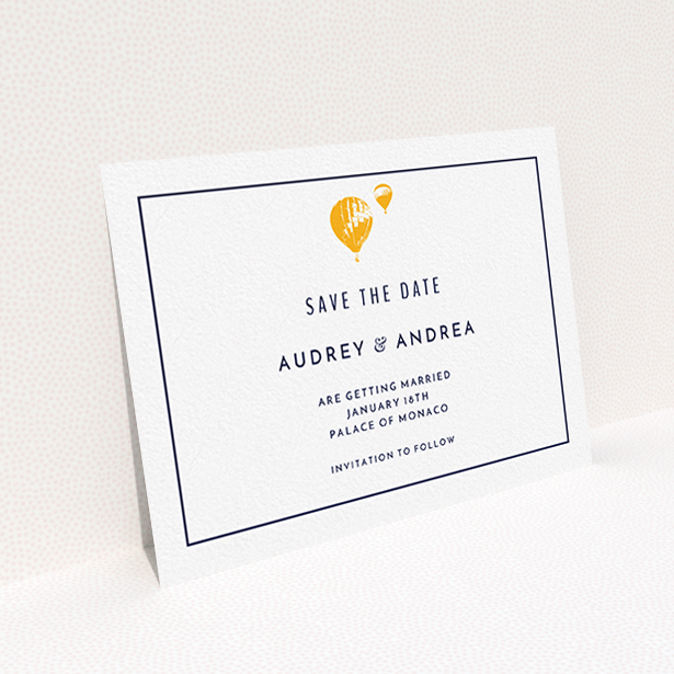 A wedding save the date template titled "Off and away". It is an A6 save the date in a landscape orientation. "Off and away" is available as a flat save the date, with tones of white and orange.