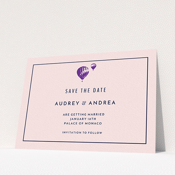 A wedding save the date called "Off and away". It is an A6 save the date in a landscape orientation. "Off and away" is available as a flat save the date, with tones of pink, purple and midnight blue.