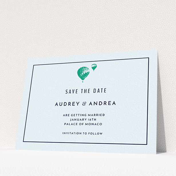 A wedding save the date template titled "Off and away". It is an A6 save the date in a landscape orientation. "Off and away" is available as a flat save the date, with mainly white colouring.