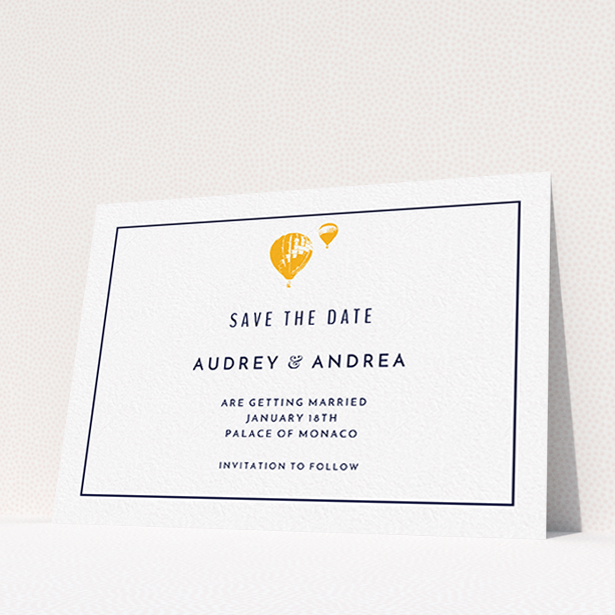 A wedding save the date template titled "Off and away". It is an A6 save the date in a landscape orientation. "Off and away" is available as a flat save the date, with tones of white and orange.