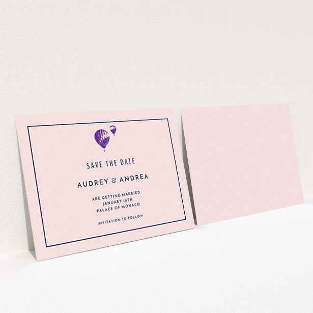 A wedding save the date called "Off and away". It is an A6 save the date in a landscape orientation. "Off and away" is available as a flat save the date, with tones of pink, purple and midnight blue.