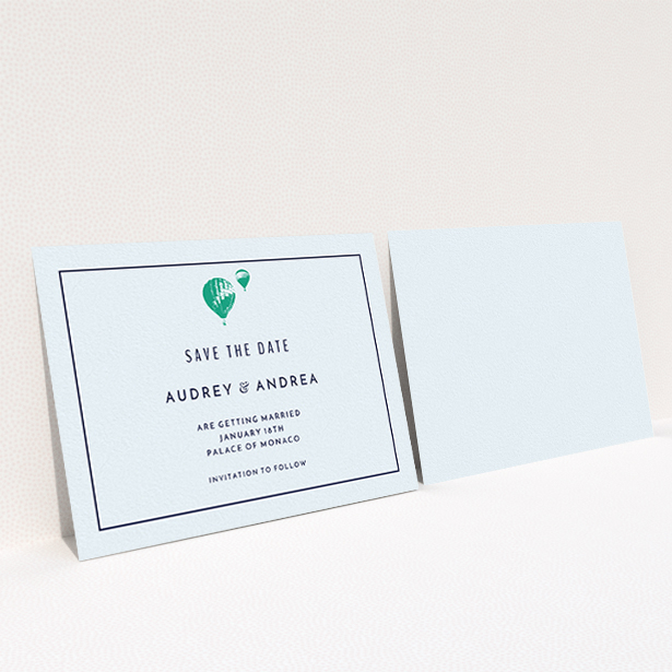 A wedding save the date template titled "Off and away". It is an A6 save the date in a landscape orientation. "Off and away" is available as a flat save the date, with mainly white colouring.