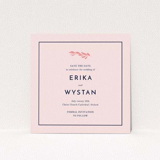 A wedding save the date called "Olive branch stamp". It is a square (148mm x 148mm) save the date in a square orientation. "Olive branch stamp" is available as a flat save the date, with mainly pink colouring.