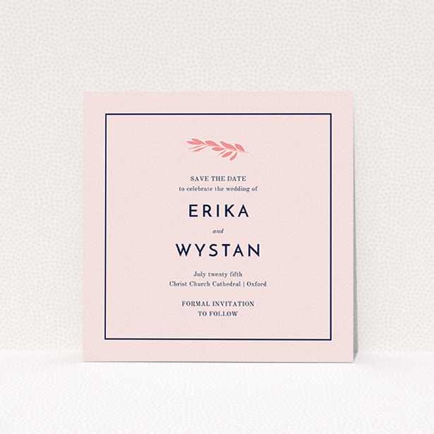 A wedding save the date called "Olive branch stamp". It is a square (148mm x 148mm) save the date in a square orientation. "Olive branch stamp" is available as a flat save the date, with mainly pink colouring.
