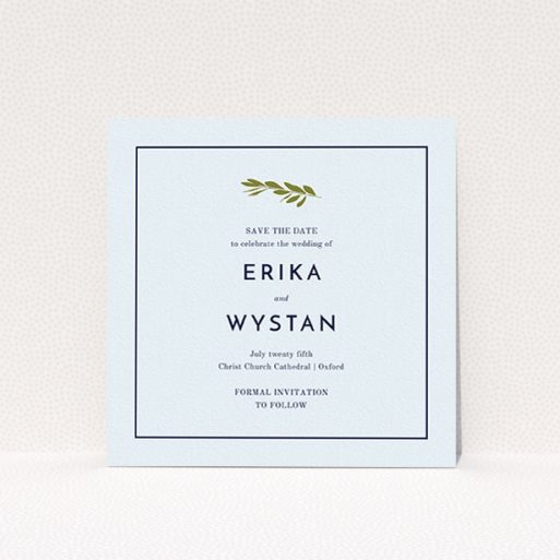 A wedding save the date design called "Olive branch stamp". It is a square (148mm x 148mm) save the date in a square orientation. "Olive branch stamp" is available as a flat save the date, with mainly white colouring.