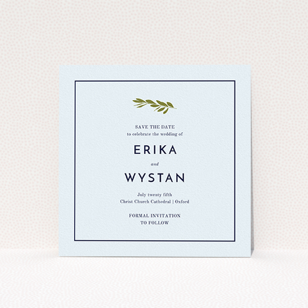 A wedding save the date design called "Olive branch stamp". It is a square (148mm x 148mm) save the date in a square orientation. "Olive branch stamp" is available as a flat save the date, with mainly white colouring.