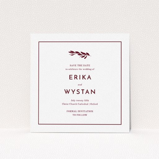 A wedding save the date template titled "Olive branch stamp". It is a square (148mm x 148mm) save the date in a square orientation. "Olive branch stamp" is available as a flat save the date, with tones of white and burgundy.