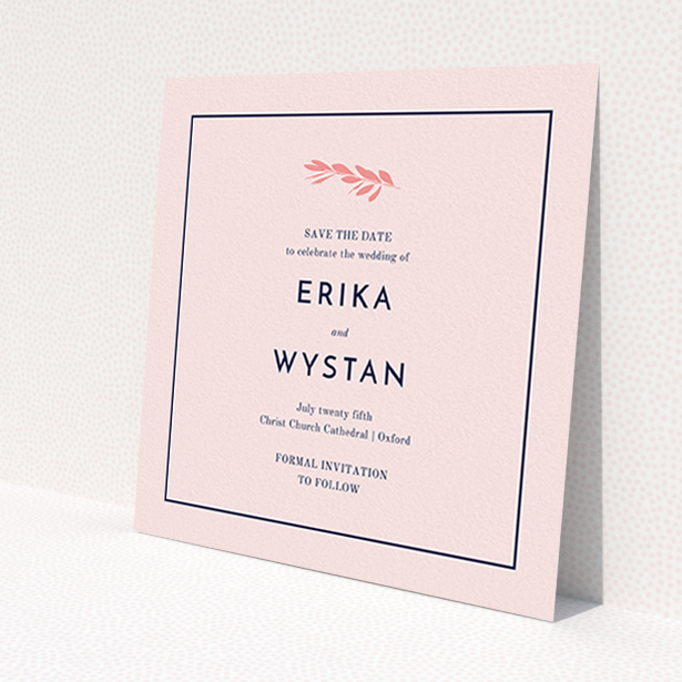 A wedding save the date called 'Olive branch stamp'. It is a square (148mm x 148mm) save the date in a square orientation. 'Olive branch stamp' is available as a flat save the date, with mainly pink colouring.