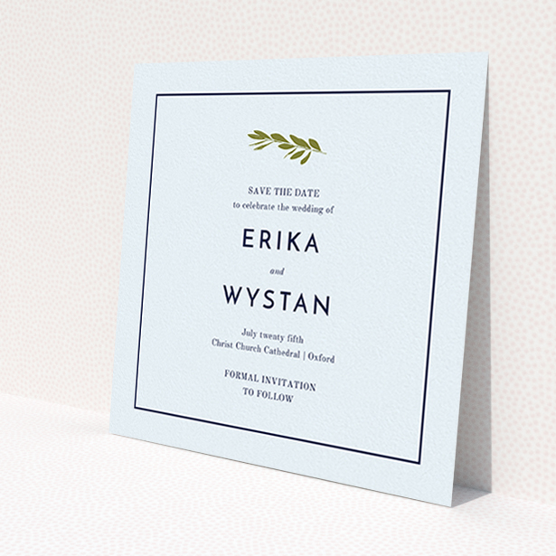 A wedding save the date design called 'Olive branch stamp'. It is a square (148mm x 148mm) save the date in a square orientation. 'Olive branch stamp' is available as a flat save the date, with mainly white colouring.
