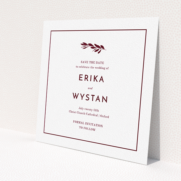 A wedding save the date template titled 'Olive branch stamp'. It is a square (148mm x 148mm) save the date in a square orientation. 'Olive branch stamp' is available as a flat save the date, with tones of white and burgundy.
