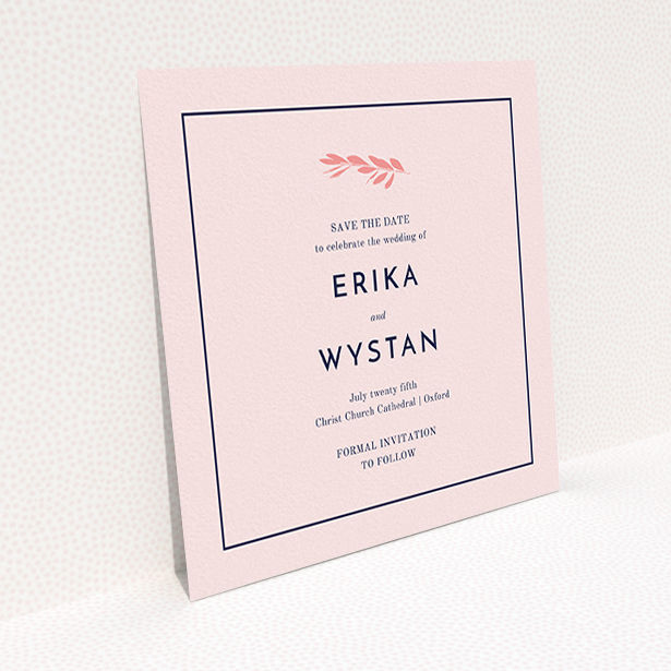 A wedding save the date called "Olive branch stamp". It is a square (148mm x 148mm) save the date in a square orientation. "Olive branch stamp" is available as a flat save the date, with mainly pink colouring.