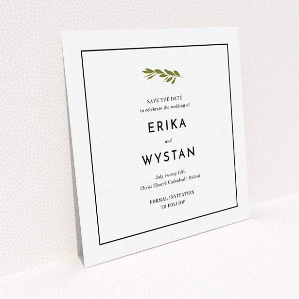 A wedding save the date design titled "Olive branch stamp". It is a square (148mm x 148mm) save the date in a square orientation. "Olive branch stamp" is available as a flat save the date, with tones of white and green.