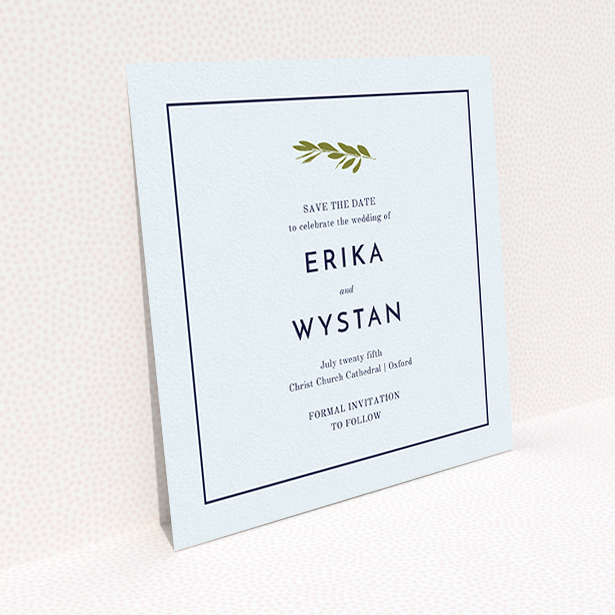 A wedding save the date design called "Olive branch stamp". It is a square (148mm x 148mm) save the date in a square orientation. "Olive branch stamp" is available as a flat save the date, with mainly white colouring.