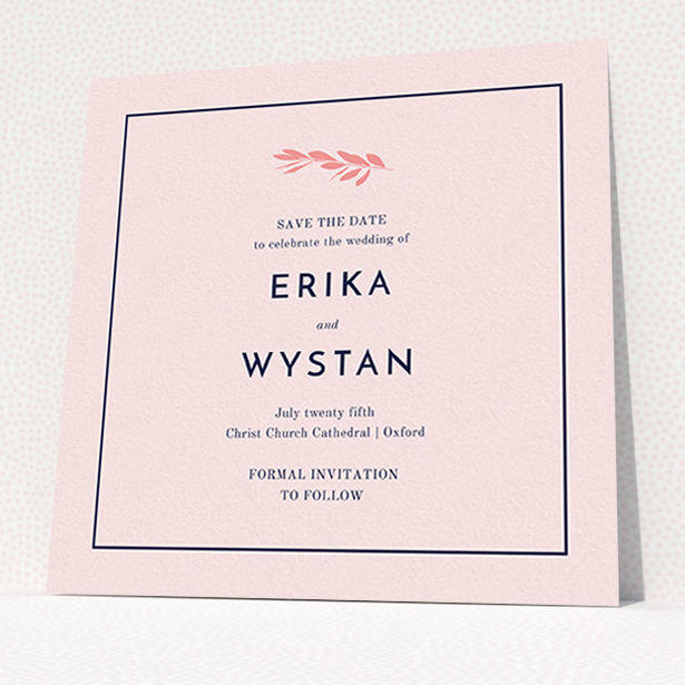 A wedding save the date called "Olive branch stamp". It is a square (148mm x 148mm) save the date in a square orientation. "Olive branch stamp" is available as a flat save the date, with mainly pink colouring.