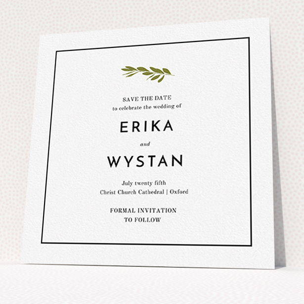 A wedding save the date design titled "Olive branch stamp". It is a square (148mm x 148mm) save the date in a square orientation. "Olive branch stamp" is available as a flat save the date, with tones of white and green.