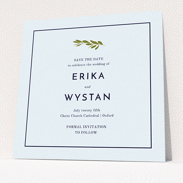 A wedding save the date design called "Olive branch stamp". It is a square (148mm x 148mm) save the date in a square orientation. "Olive branch stamp" is available as a flat save the date, with mainly white colouring.