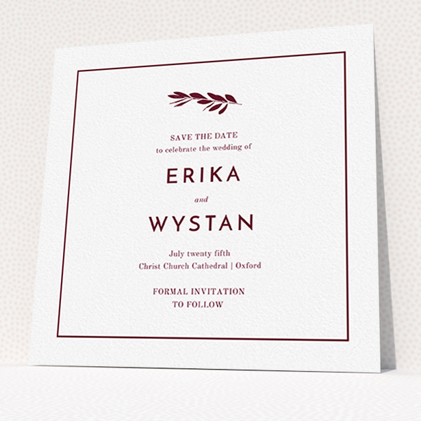 A wedding save the date template titled "Olive branch stamp". It is a square (148mm x 148mm) save the date in a square orientation. "Olive branch stamp" is available as a flat save the date, with tones of white and burgundy.