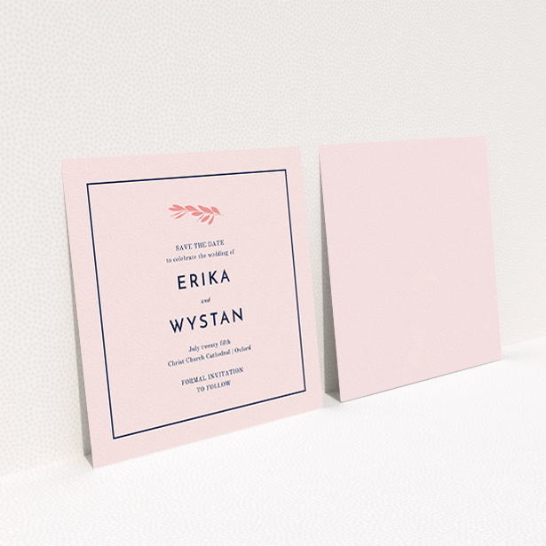 A wedding save the date called "Olive branch stamp". It is a square (148mm x 148mm) save the date in a square orientation. "Olive branch stamp" is available as a flat save the date, with mainly pink colouring.