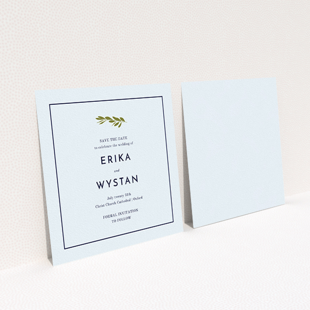 A wedding save the date design called "Olive branch stamp". It is a square (148mm x 148mm) save the date in a square orientation. "Olive branch stamp" is available as a flat save the date, with mainly white colouring.