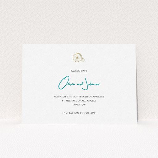 A wedding save the date design titled "On your bike new". It is an A5 save the date in a landscape orientation. "On your bike new" is available as a flat save the date, with tones of white and blue.