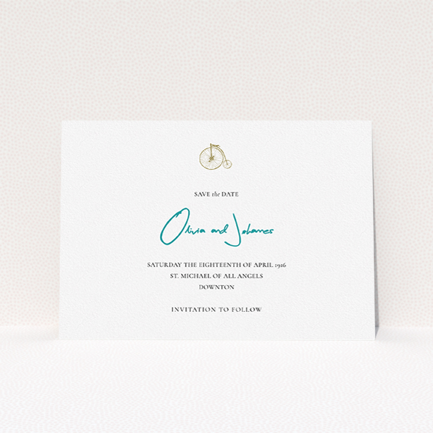 A wedding save the date design titled "On your bike new". It is an A5 save the date in a landscape orientation. "On your bike new" is available as a flat save the date, with tones of white and blue.