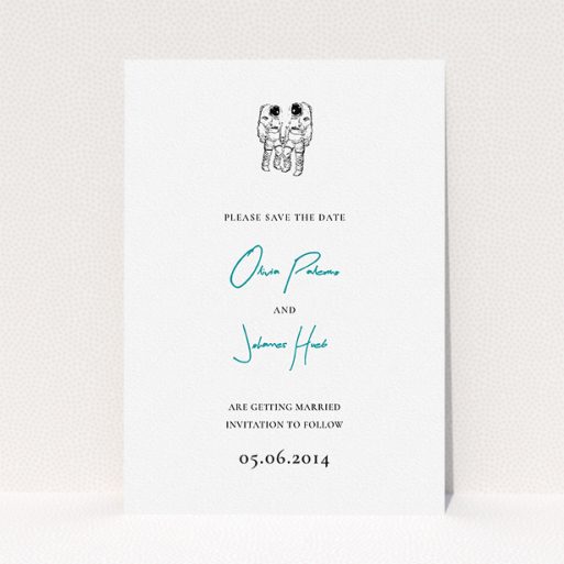 A wedding save the date named "One small step". It is an A5 save the date in a portrait orientation. "One small step" is available as a flat save the date, with tones of white and blue.