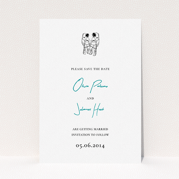 A wedding save the date named "One small step". It is an A5 save the date in a portrait orientation. "One small step" is available as a flat save the date, with tones of white and blue.
