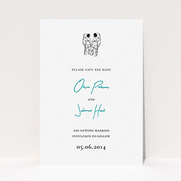 A wedding save the date design named "One small step". It is an A6 save the date in a portrait orientation. "One small step" is available as a flat save the date, with tones of white and blue.