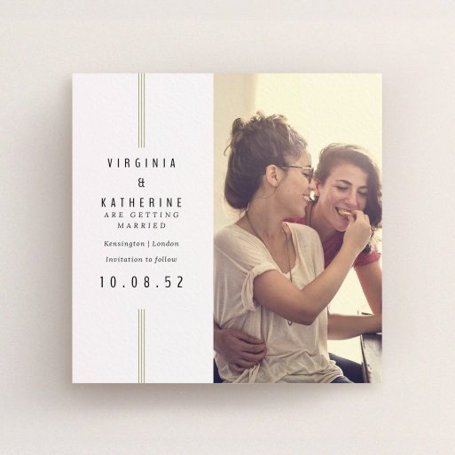 A wedding save the date named "Paris 3 Line". It is a square (148mm x 148mm) save the date in a square orientation. It is a photographic wedding save the date with room for 1 photo. "Paris 3 Line" is available as a flat save the date, with tones of off-white and gold.