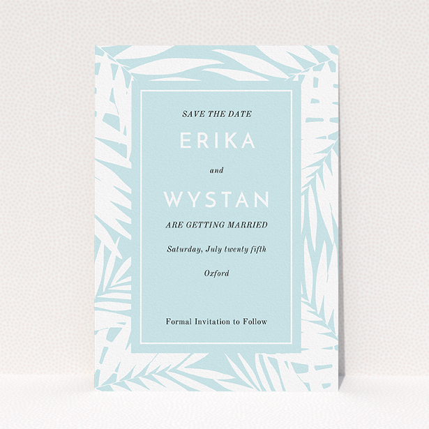 A wedding save the date template titled "Pastel Jungle". It is an A5 save the date in a portrait orientation. "Pastel Jungle" is available as a flat save the date, with tones of blue and white.