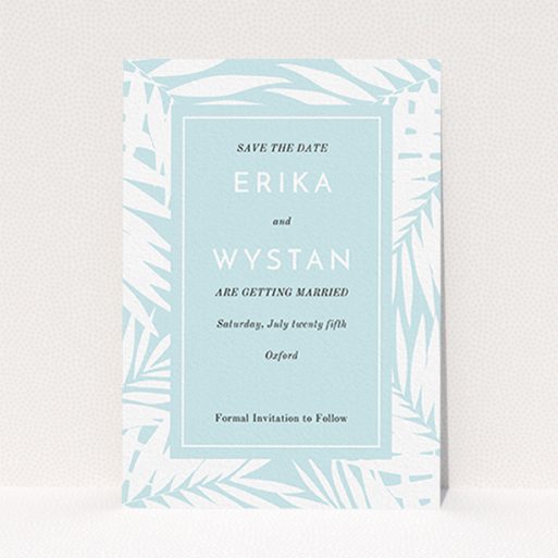 A wedding save the date template titled "Pastel Jungle". It is an A6 save the date in a portrait orientation. "Pastel Jungle" is available as a flat save the date, with tones of blue and white.