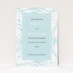 A wedding save the date template titled "Pastel Jungle". It is an A6 save the date in a portrait orientation. "Pastel Jungle" is available as a flat save the date, with tones of blue and white.