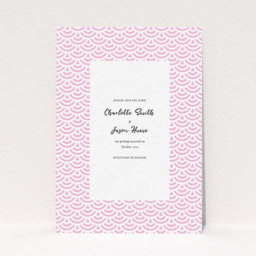A wedding save the date named "Pink Fans". It is an A6 save the date in a portrait orientation. "Pink Fans" is available as a flat save the date, with mainly pink colouring.