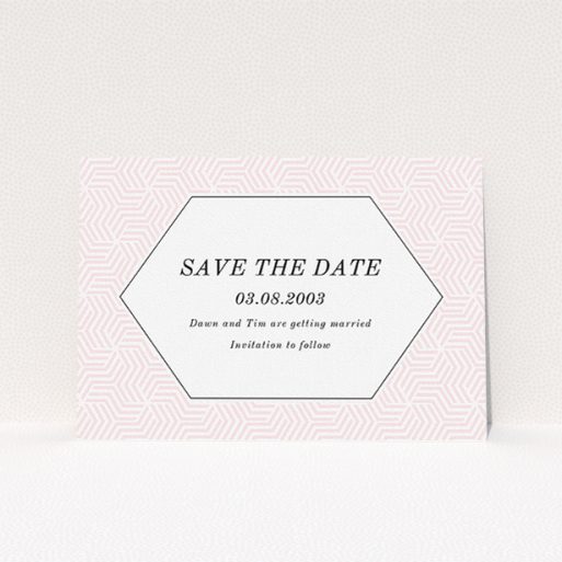 A wedding save the date called "Pink geometric maze". It is an A5 save the date in a landscape orientation. "Pink geometric maze" is available as a flat save the date, with tones of pink and white.