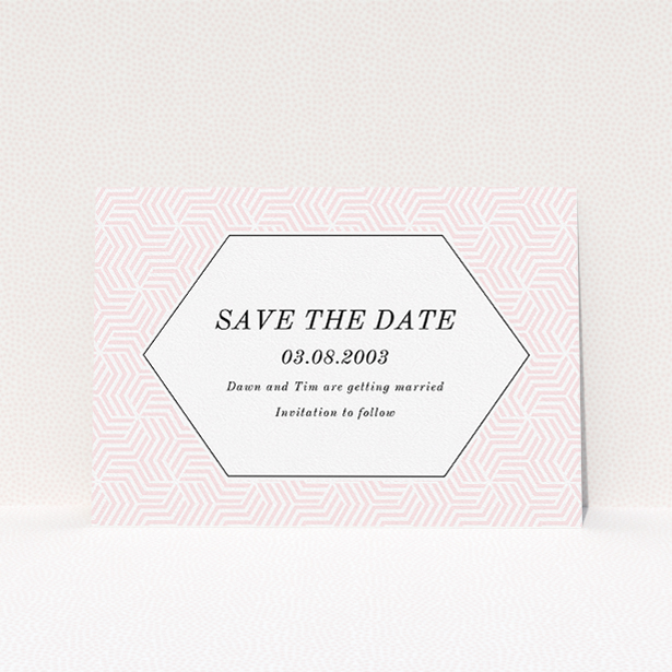 A wedding save the date called "Pink geometric maze". It is an A5 save the date in a landscape orientation. "Pink geometric maze" is available as a flat save the date, with tones of pink and white.