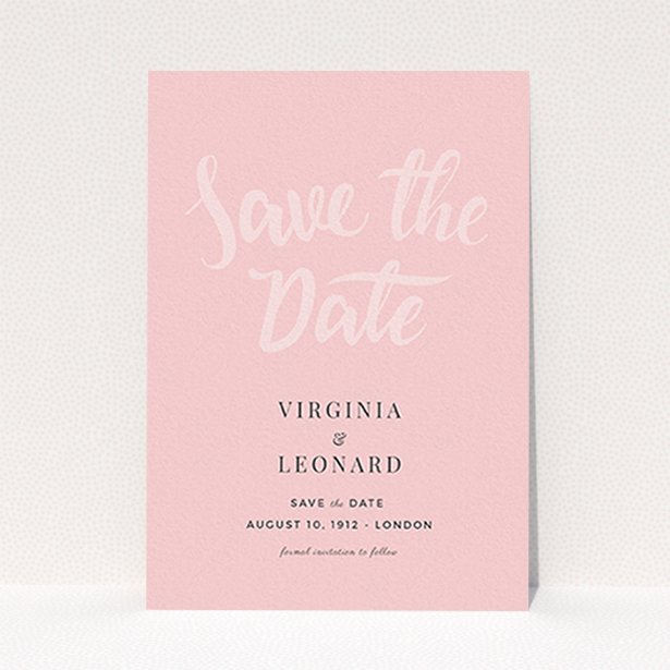 A wedding save the date design named "Pink on Rose Typography". It is an A6 save the date in a portrait orientation. "Pink on Rose Typography" is available as a flat save the date, with mainly pink colouring.