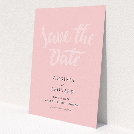 A wedding save the date design named 'Pink on Rose Typography'. It is an A6 save the date in a portrait orientation. 'Pink on Rose Typography' is available as a flat save the date, with mainly pink colouring.