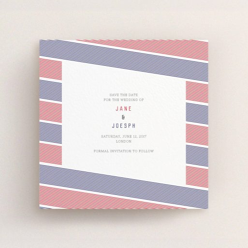 A wedding save the date named "Preppy Lines". It is a square (148mm x 148mm) save the date in a square orientation. "Preppy Lines" is available as a flat save the date, with tones of red and blue.