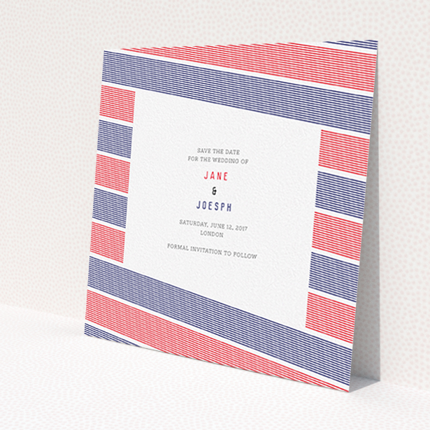 A wedding save the date named "Preppy Lines". It is a square (148mm x 148mm) save the date in a square orientation. "Preppy Lines" is available as a flat save the date, with tones of red and blue.