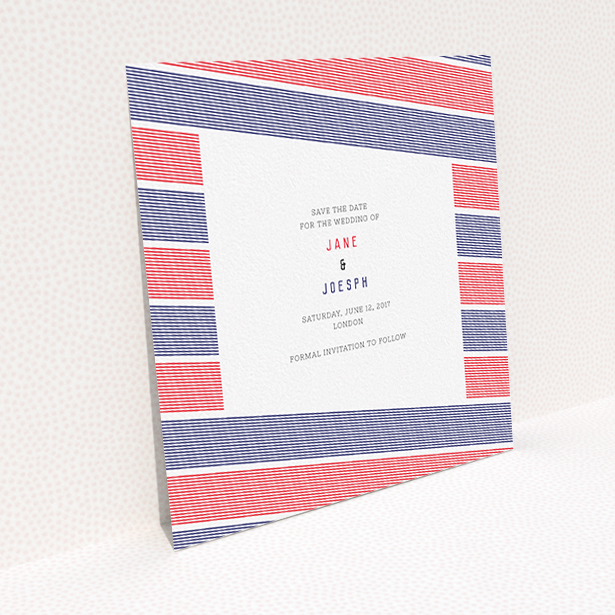 A wedding save the date named "Preppy Lines". It is a square (148mm x 148mm) save the date in a square orientation. "Preppy Lines" is available as a flat save the date, with tones of red and blue.