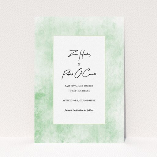 A wedding save the date called "Rustic Green". It is an A5 save the date in a portrait orientation. "Rustic Green" is available as a flat save the date, with tones of green and white.