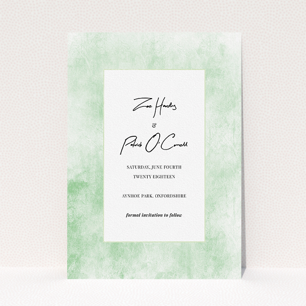 A wedding save the date called "Rustic Green". It is an A5 save the date in a portrait orientation. "Rustic Green" is available as a flat save the date, with tones of green and white.