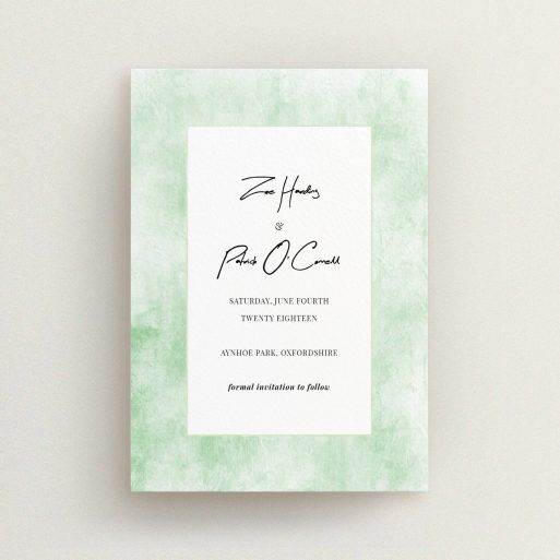 A wedding save the date design called "Rustic Green". It is an A6 save the date in a portrait orientation. "Rustic Green" is available as a flat save the date, with tones of green and white.