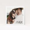 A wedding save the date called "Script Corner". It is a square (148mm x 148mm) save the date in a square orientation. It is a photographic wedding save the date with room for 1 photo. "Script Corner" is available as a flat save the date, with mainly white colouring.